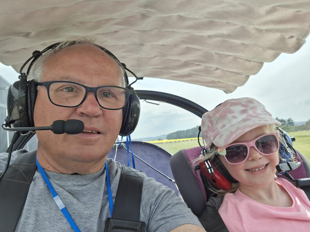 Sophy, 5, with grandad, taking her first-ever flight in his Eurostar.