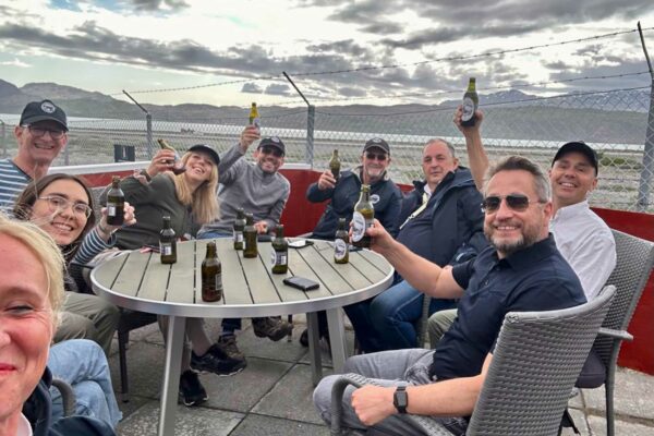 A welcome and well-deserved beer for everyone at the Blue Ice Café at Narsarsuaq