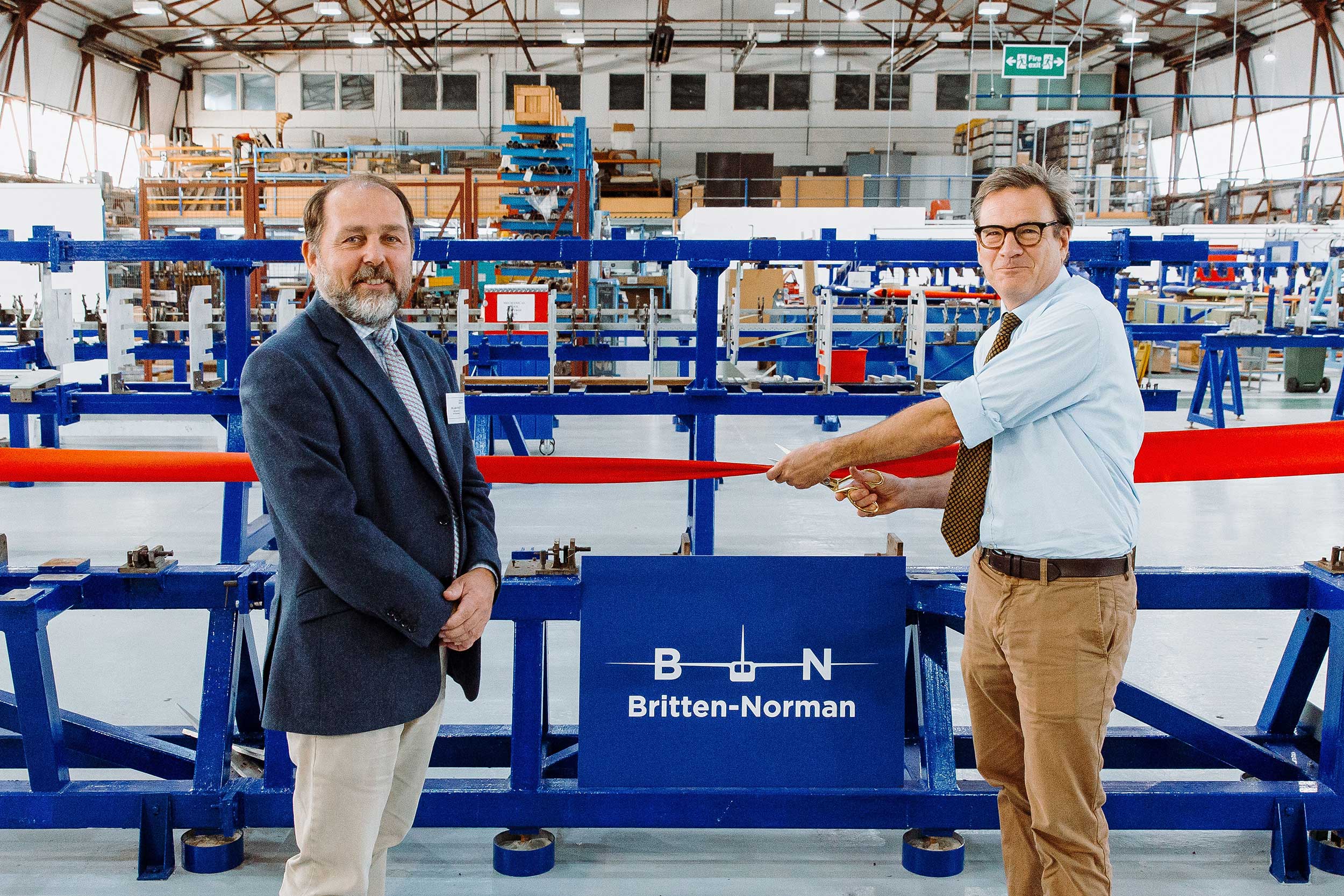 William Hynett CEO of Britten-Norman (L) and Bob Seely MP for Isle of Wight (R) open new production line. 