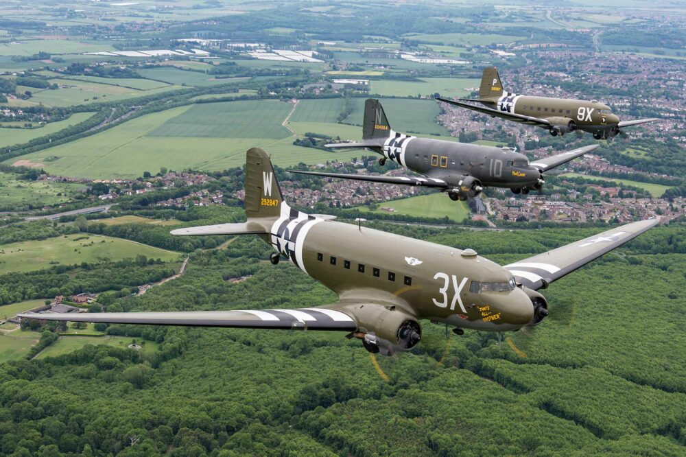 Three of the aircraft in formation during the 2019 tour: That's All Brother (leading), Placid Lassie and Screaming Eagle