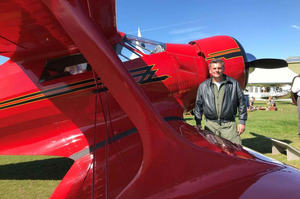 Rob Wildeboer with a Beech Staggerwing at Goodwood