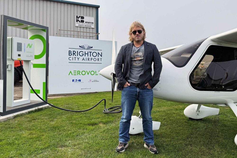 Aerovolt founder, with twin brother Alan, Philip Kingsley-Dobson with his Pipestrel Velis Electro at Shoreham Airport