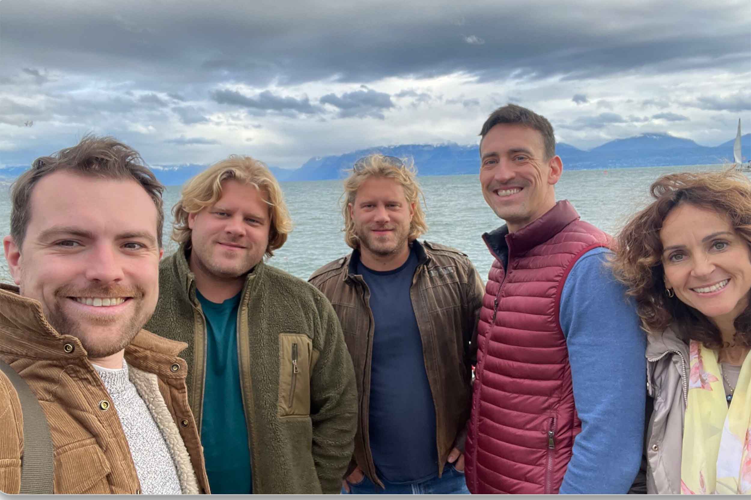 The Aerovolt team, (left to right) Guy Haydon, Alan KD and Phil KD, alongside Francois Randin and Laura Leoncini from EATON, met in Lausanne, Switzerland to discuss the smart charger rollout in the UK