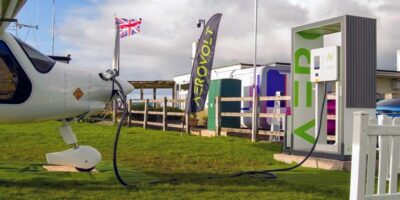 Pipistrel Velis Electro being charged at Dunkeswell's new charge point