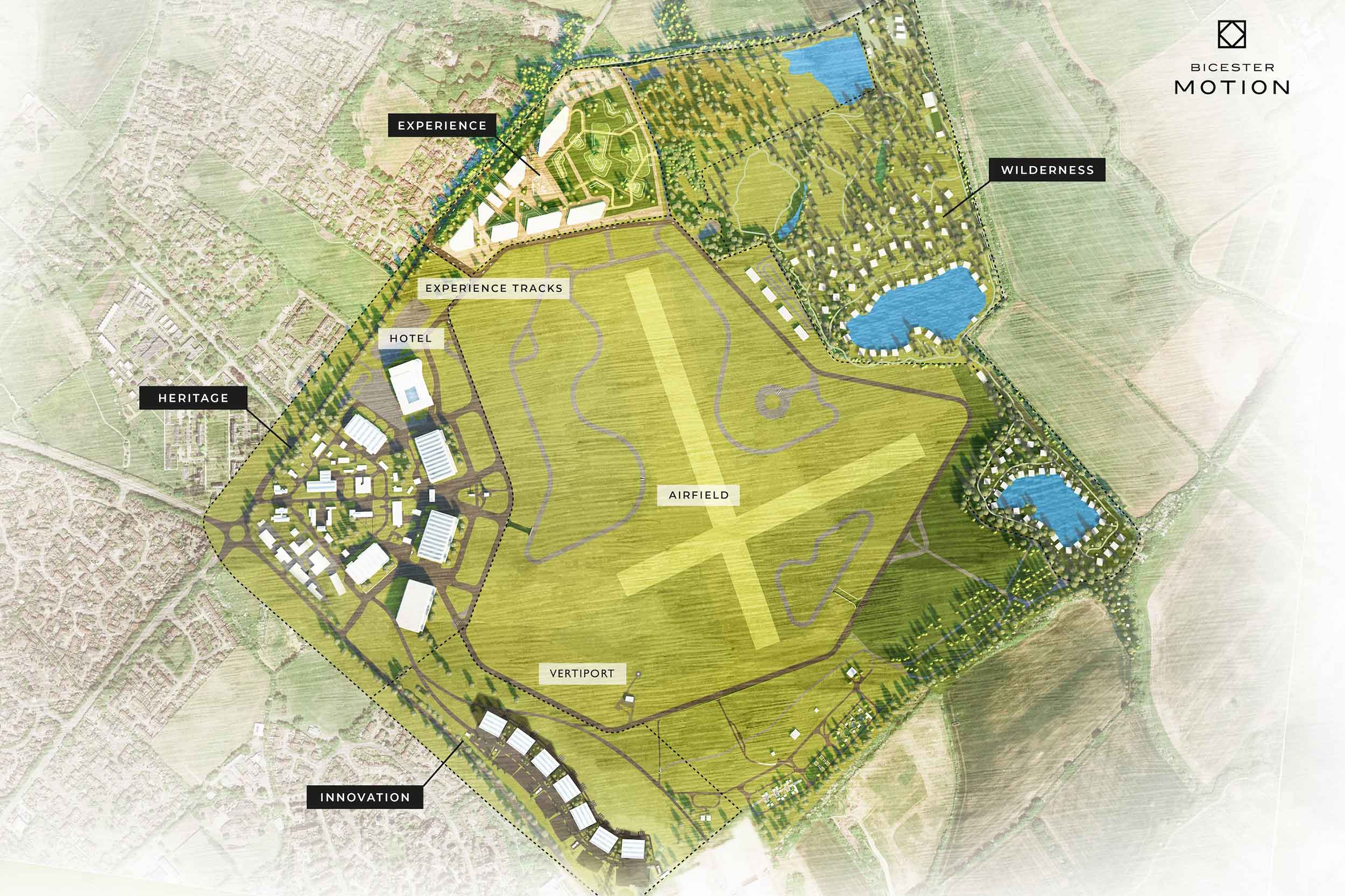 The whole Bicester Motion site with the vertiport in the southern corner of the airfield