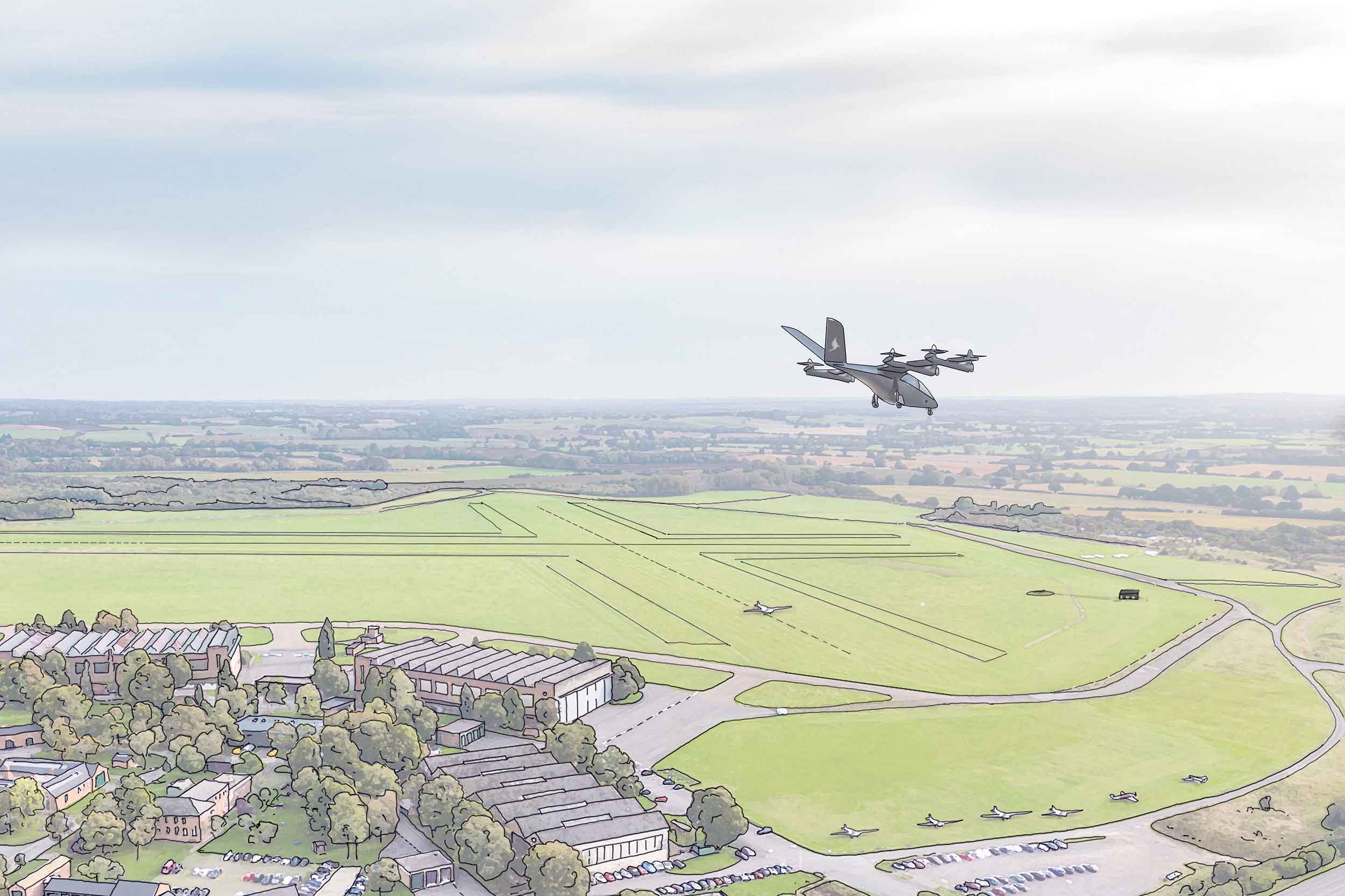 Artist's impression showing a Vertical Aerospace VX4 electric air taxi approaching to land at Bicester