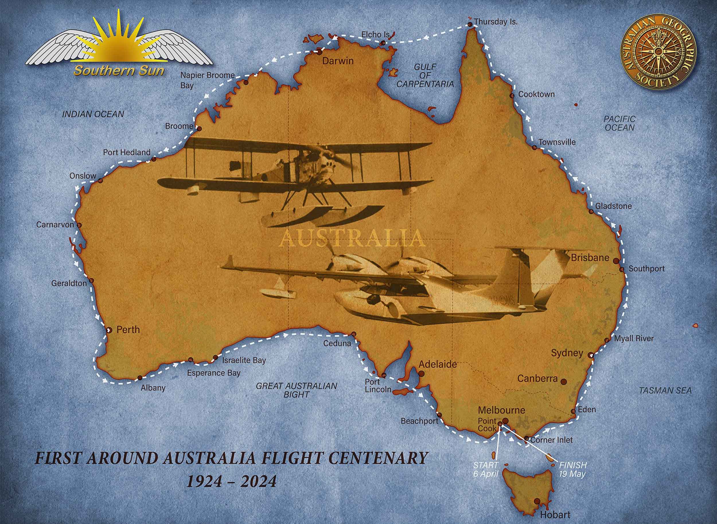 Mike's route around the coastline of Australia mimicks the original flight 100 years ago. Image: Mike Smith