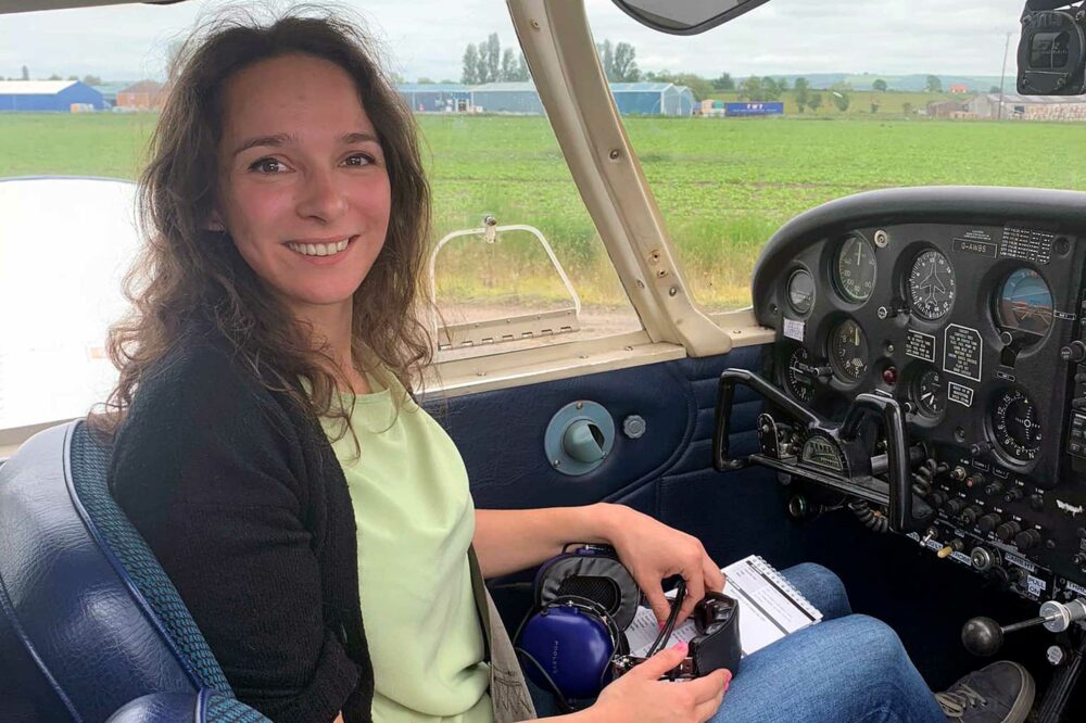 That relieved but happy look: Tayla just after flying her first solo at Full Sutton airfield