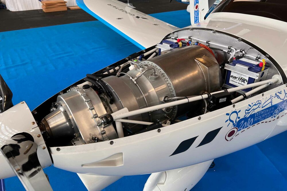 TurboTech TP-R90 turbine fits neatly into the engine bay of this GoGetAir. The Jet A burning turbine is to be tested burning hydrogen later this year in a joint venture with giant French engine maker Safran