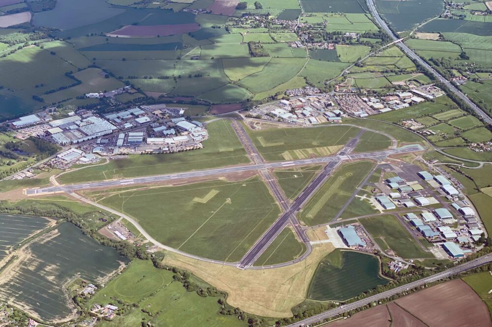 Gloucestershire Airport, also known as Staverton. North-south runway is no longer operational after an 'upgrade'