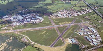 Gloucestershire Airport, also known as Staverton. North-south runway is no longer operational after an 'upgrade'