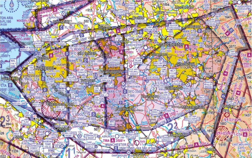 Screenshot of VFR 1:500,000 map (Edition 46: 22 April 2023) showing the location of the MLLR (pink north-south corridor in image centre)