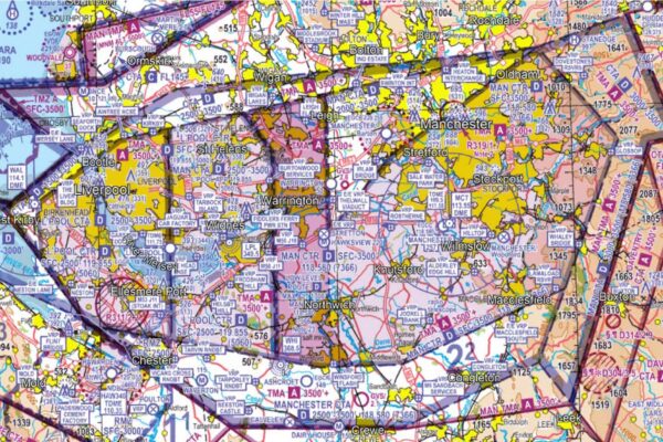Screenshot of VFR 1:500,000 map (Edition 46: 22 April 2023) showing the location of the MLLR (pink north-south corridor in image centre)