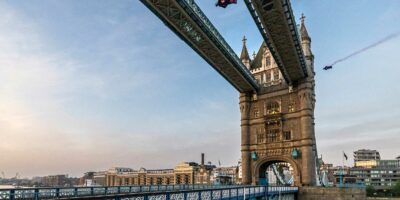 The two wingsuit pilots scorch through London's Tower Bridge