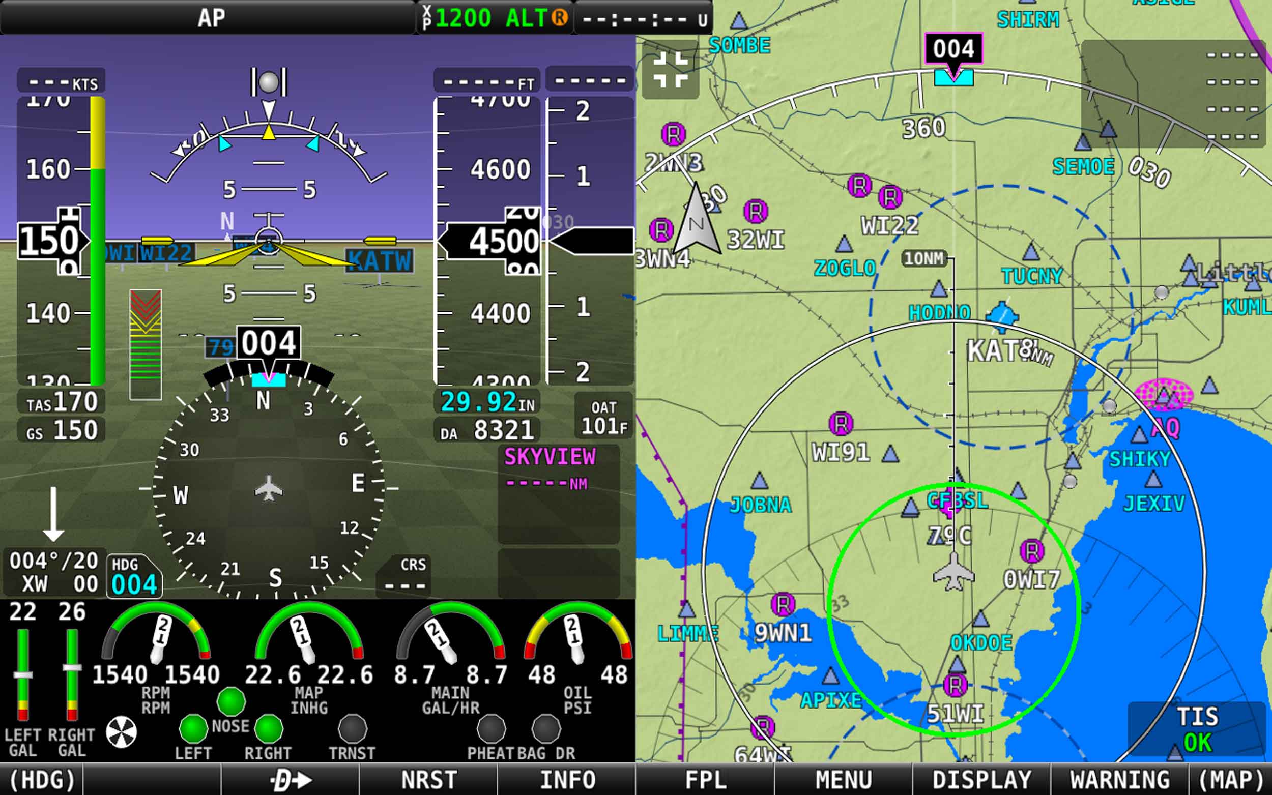 Twin-engine monitoring can be configured with separate gauges for each engine, or with 'dual needle' gauges 