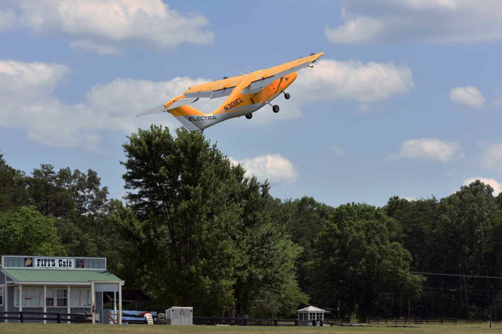 Electra's EL-2 Goldfinch eSTOL technology demonstrator takes off in under 150ft from a grass field at the aircraft's maximum performance climb angle. Photos: J. Langford/Electra.aero