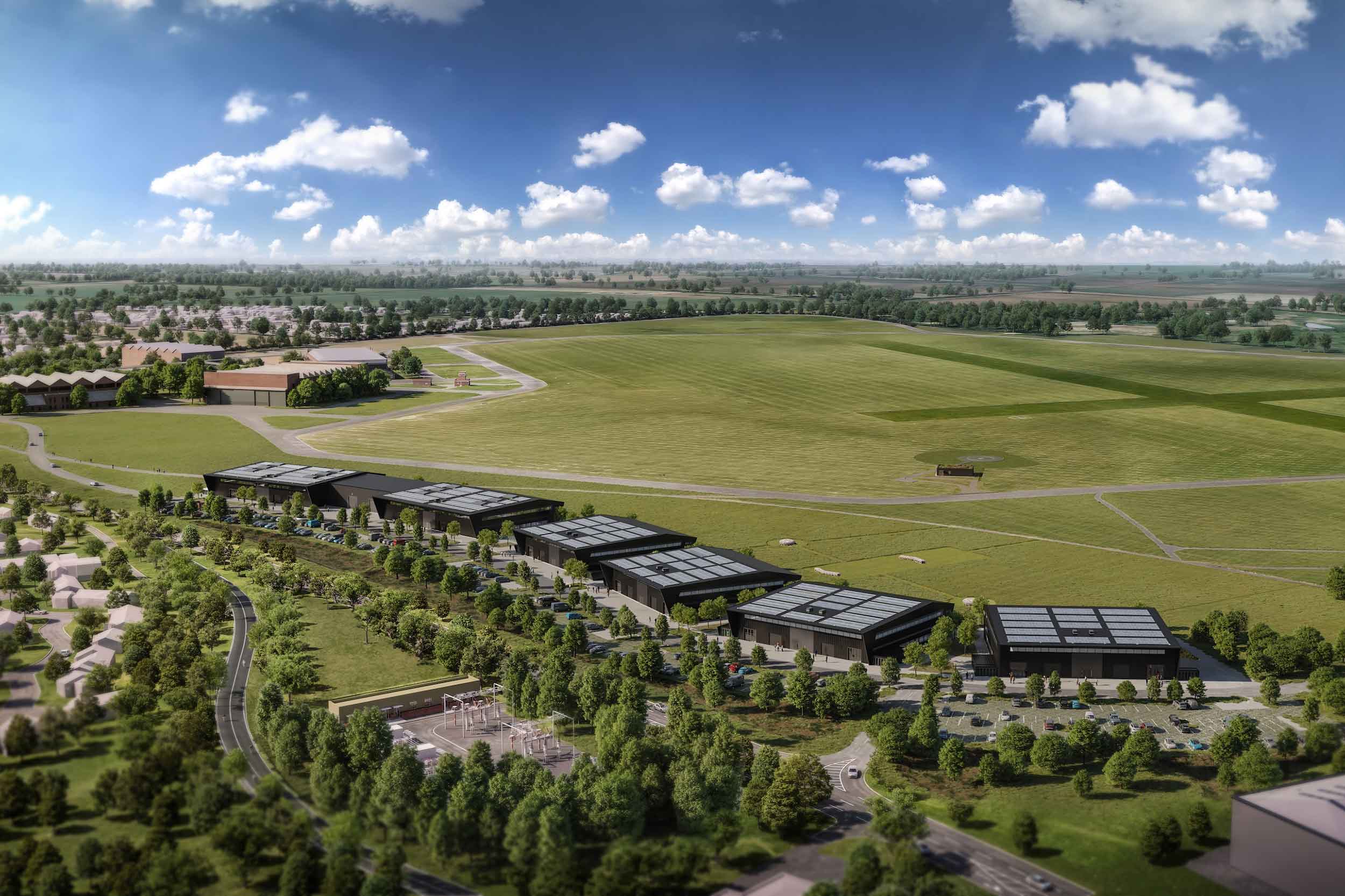 Aerial view of Skyports Infrastructure’s new vertiport and terminal at Bicester Motion alongside its new innovation buildings