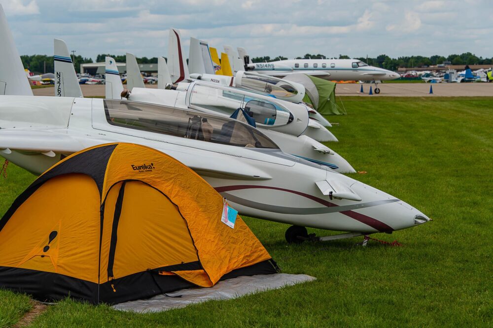 Beech Starship parked with Rutan Long Ez aircraft at EAA AirVenture 2024.