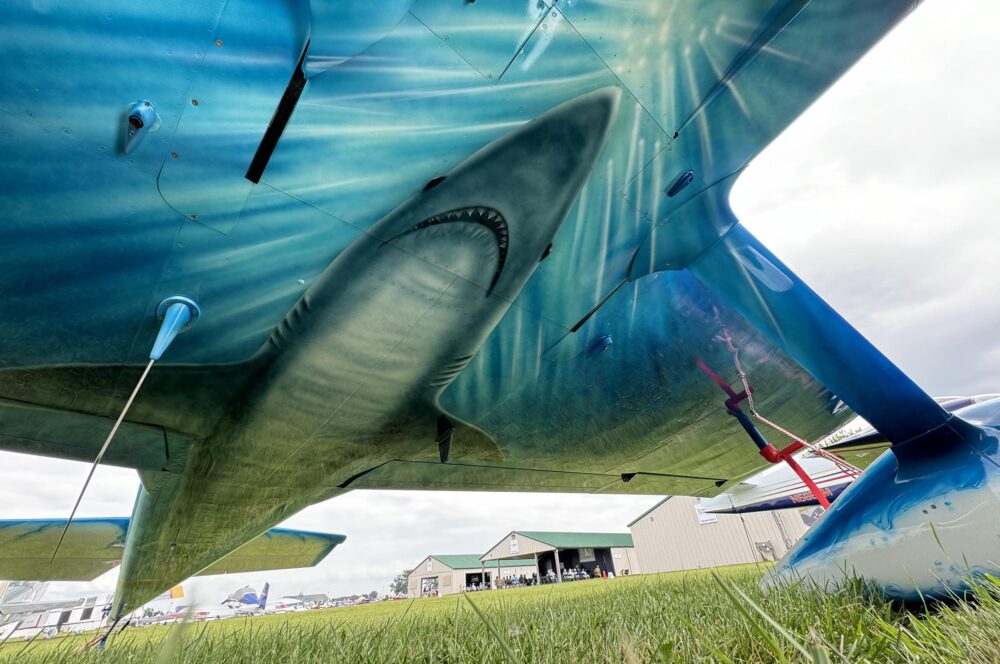 A painting of a shark on the belly of a Van's RV-8