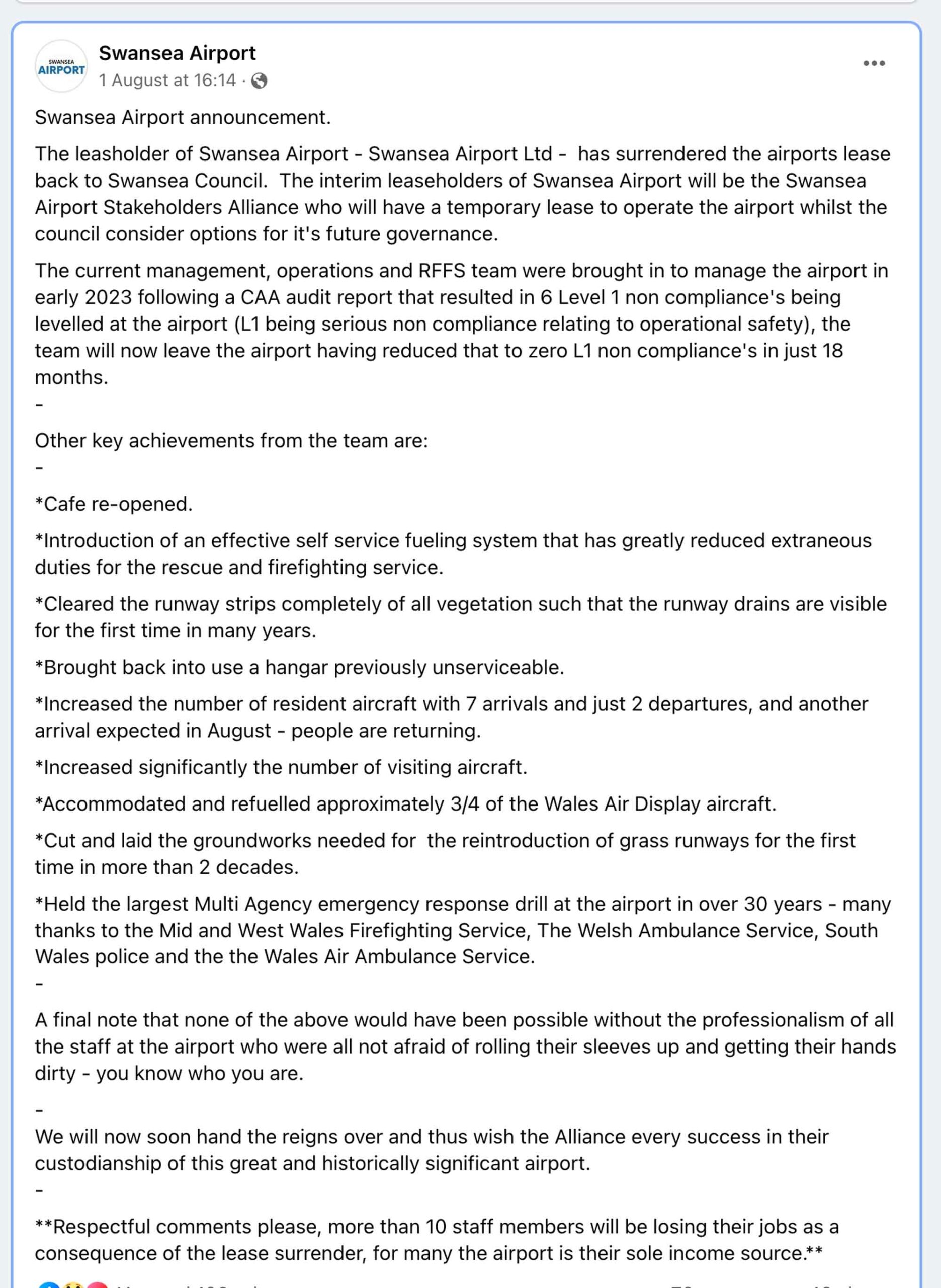 Swansea Airport Facebook post