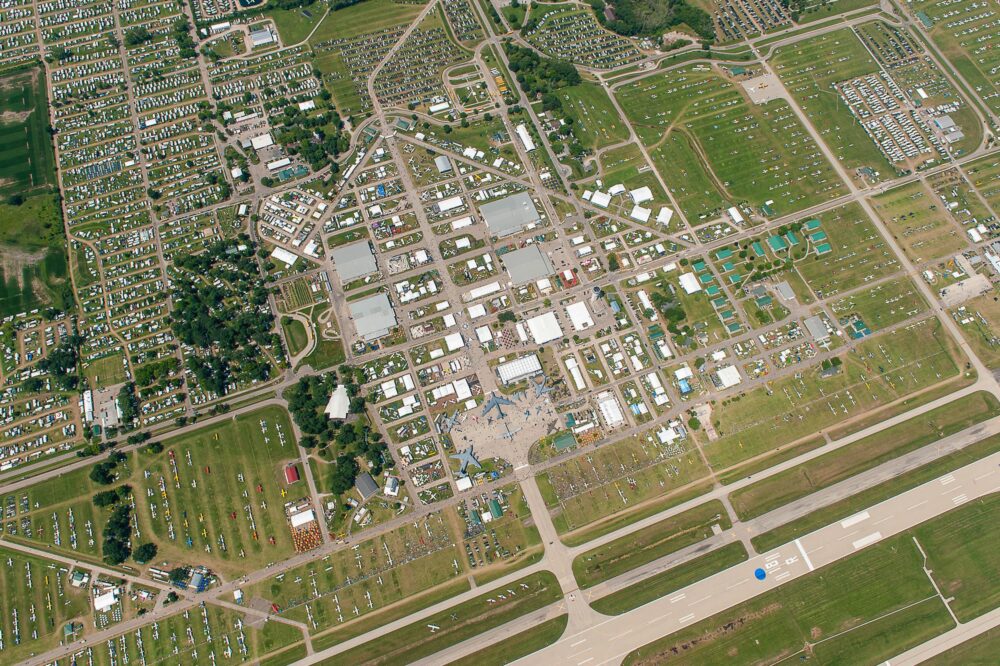 Overhead view of the EAA AirVenture 2024 showground area.