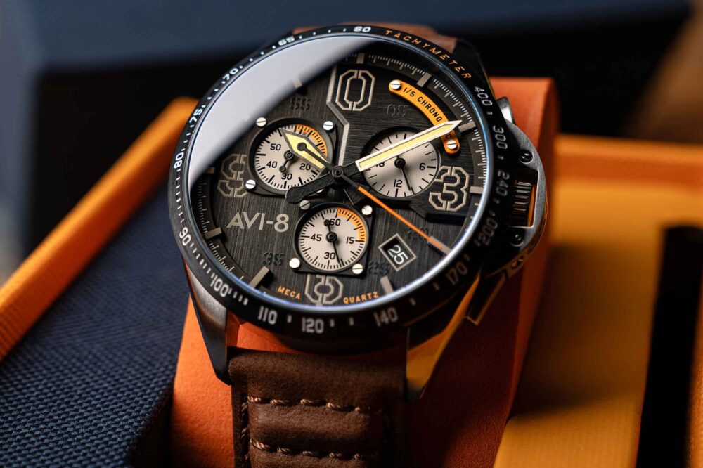 One of four new watches from AVI-8. This one is the P-51 Mustang Blakeslee Chronograph