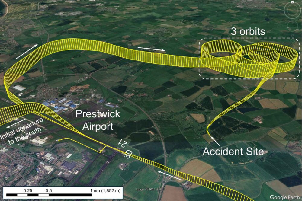 Flightpath of the PA-28 as it did three orbits on the downwind leg of the circuit at Prestwick before crashing. Image: AAIB