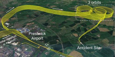 Flightpath of the PA-28 as it did three orbits on the downwind leg of the circuit at Prestwick before crashing. Image: AAIB