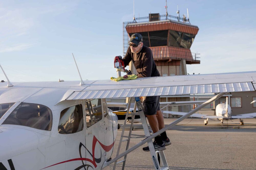 Swift Fuels 100R unleaded avgas being pumped at a Californian flight school