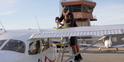 Swift Fuels 100R unleaded avgas being pumped at a Californian flight school