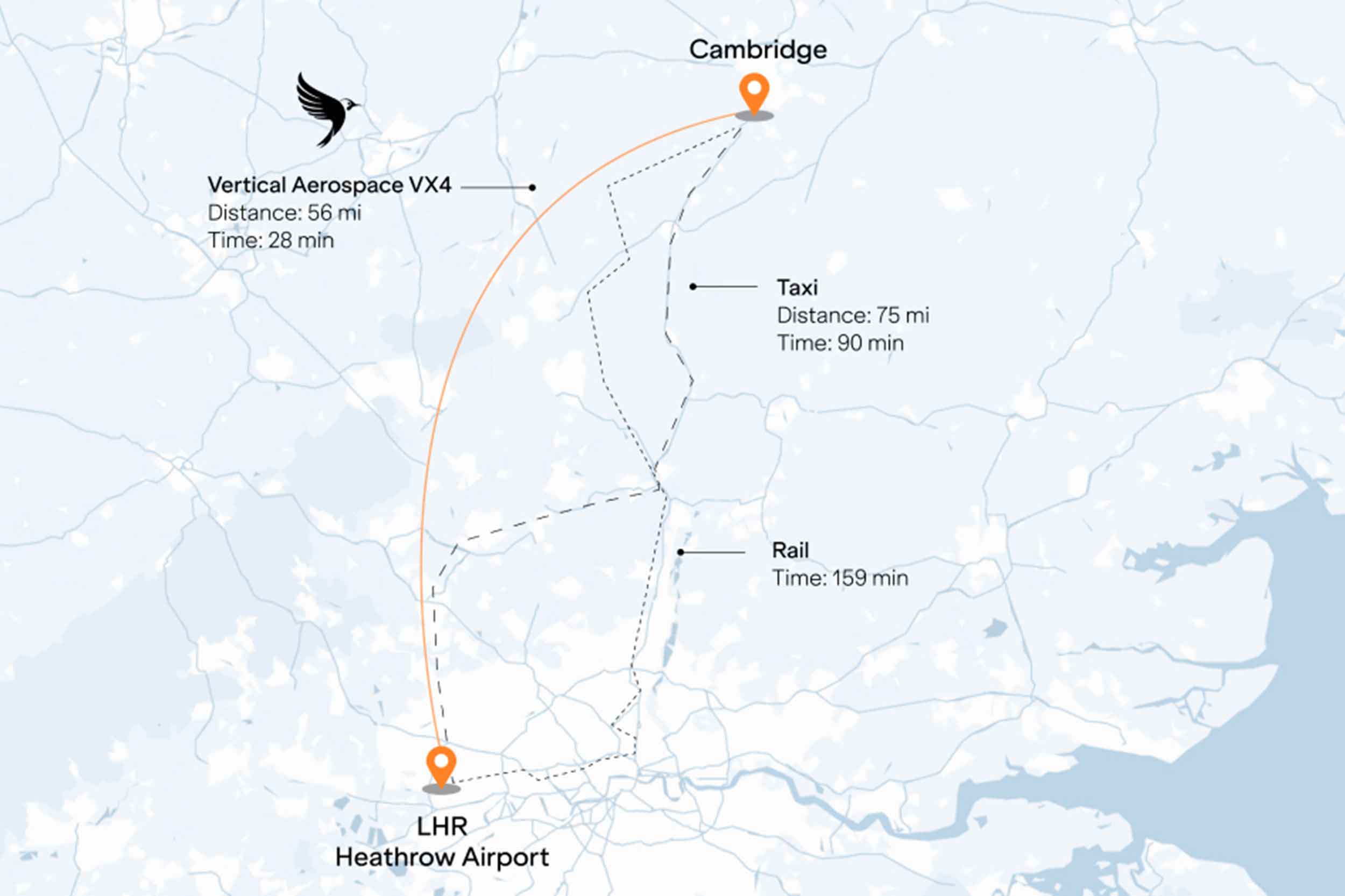 One of the possible routes for the VX4 when it's in production and operating as an air taxi. Images: Vertical Aerospace