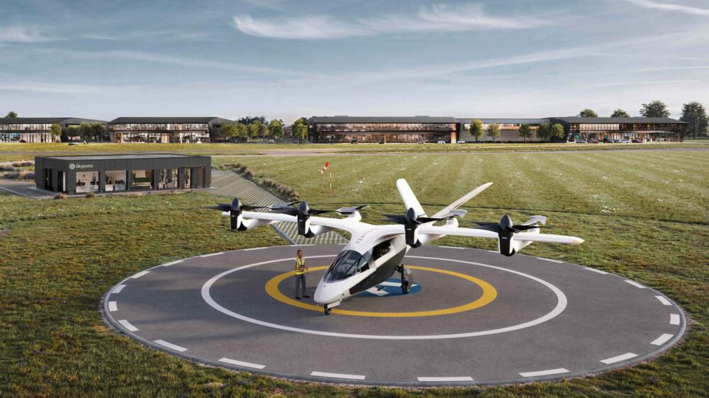 Skyports Infrastructure’s vertiport and terminal at Bicester Motion. Image: CGI