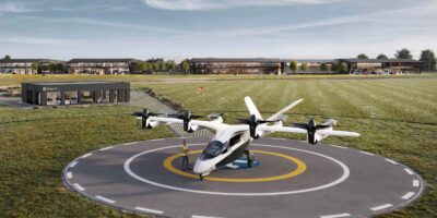 Skyports Infrastructure’s vertiport and terminal at Bicester Motion. Image: CGI