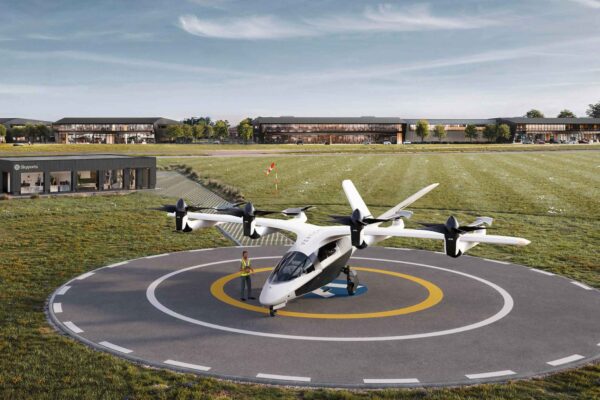 Skyports Infrastructure’s vertiport and terminal at Bicester Motion. Image: CGI