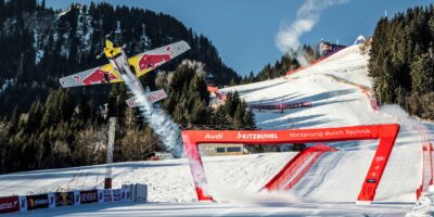 Dario Costa Red BUll pilot flying the Hahnenkamm ski course