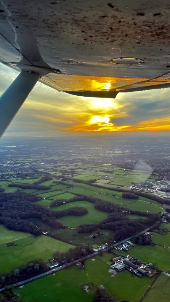 Aerial view of landscape in the sunset.