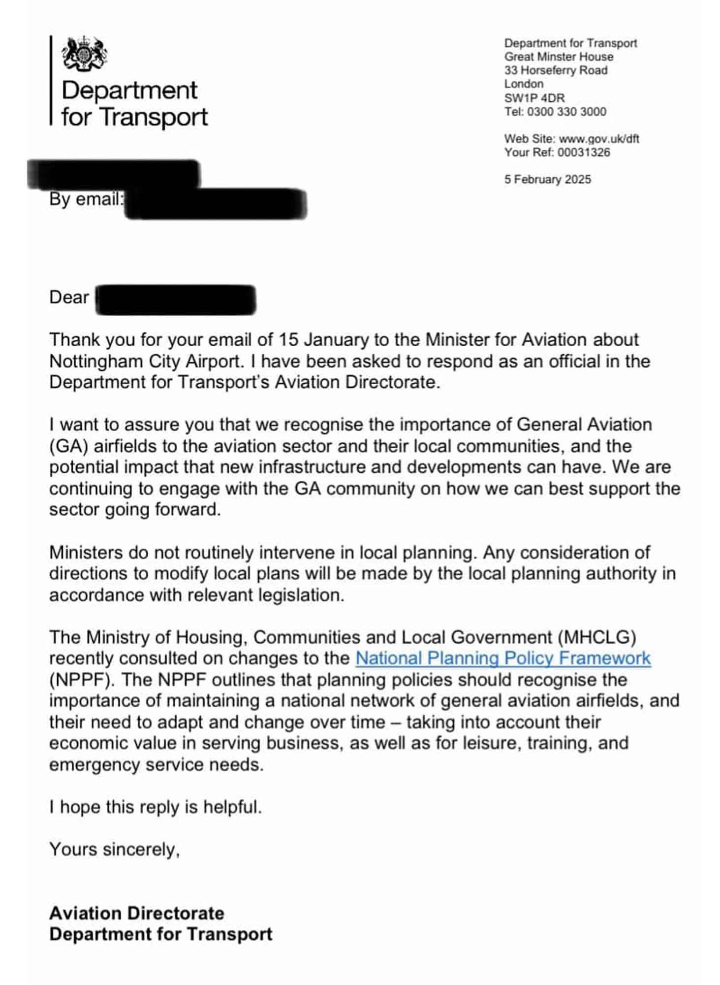 DfT letter to a supporter of Notts airport