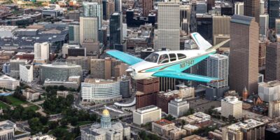 Aerial view of Bonanza flying over Denver, Colorado.