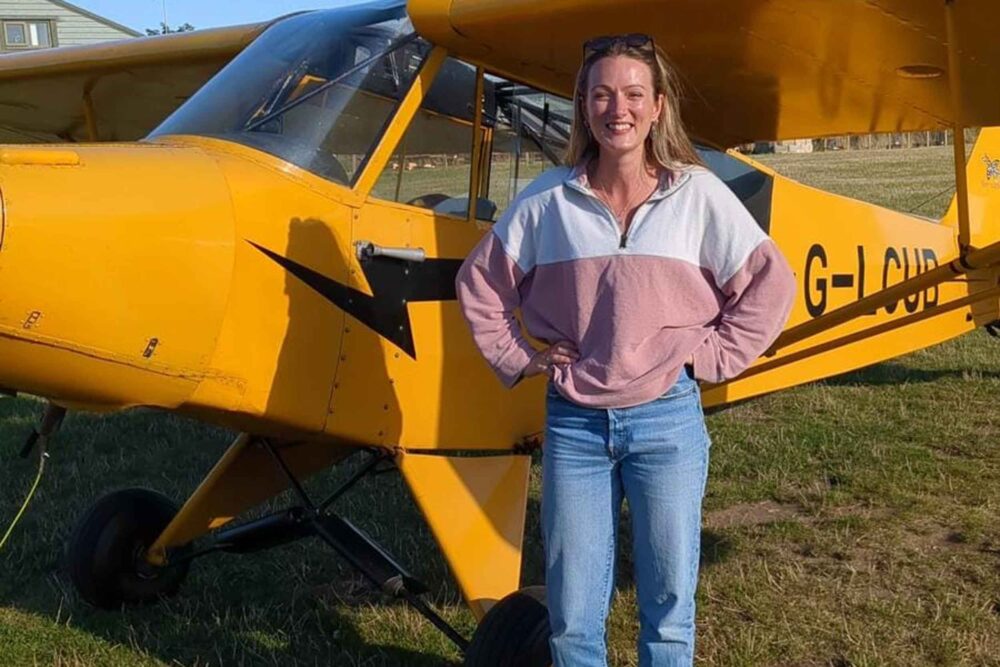 BWPA member and scholarship winner Eve Clarke, just after completing her Qualifying Cross-Country flight. Photo: BWPA