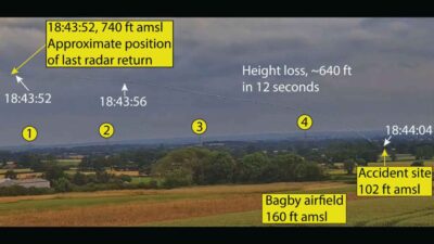 Composite CCTV image of G-BKJW descent into terrain. Image: AAIB