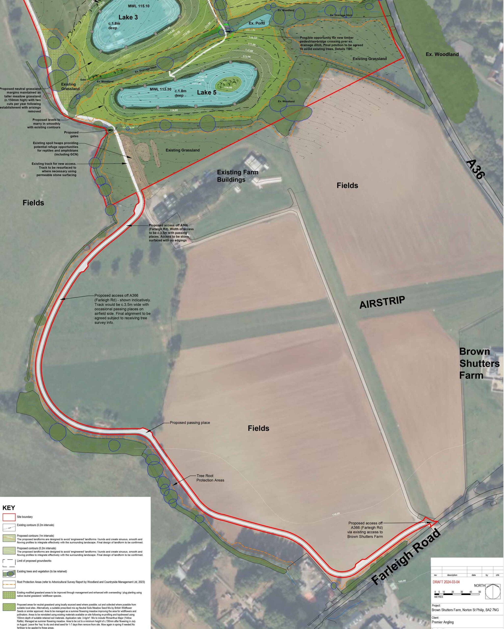 The plan for fishing lakes and a new access track at Brown Shutters Farm