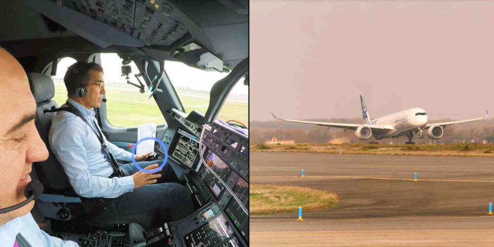 Flight of an Airbus A350 which taxied, took off and landed itself with the hands of the two pilots hovering over the controls