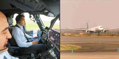 Flight of an Airbus A350 which taxied, took off and landed itself with the hands of the two pilots hovering over the controls