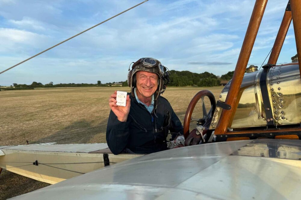 Shuttleworth chief pilot Dodge Bailey holds the uAvionix SkyEcho. Photo: Jonathan Smith