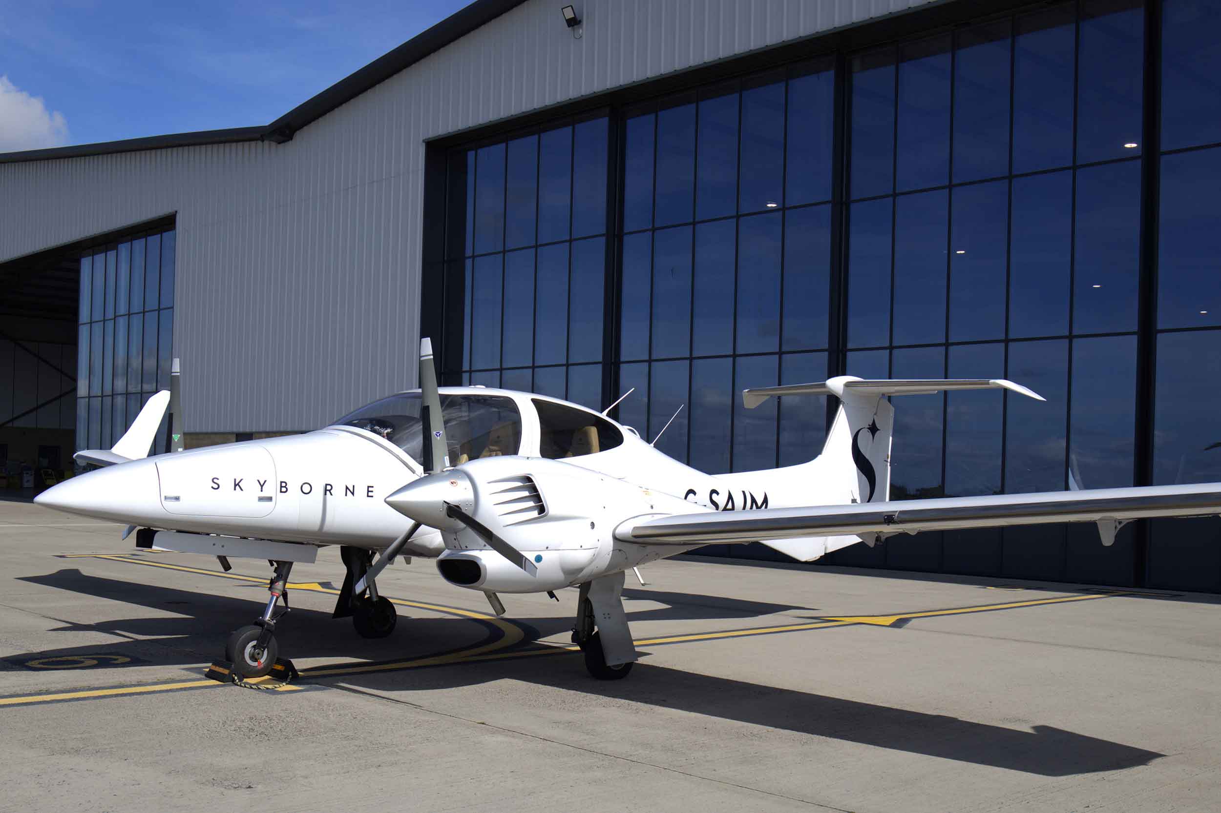 Skyborne's hangar and Diamond DA42 at Gloucestershire Airport. Photo: Skyborne