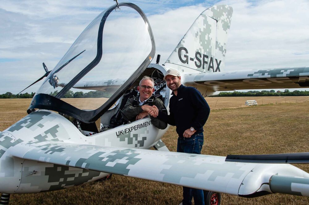 Made it! Bill Brooks, in cockpit, is congratulated by Michael Thompson, CEO of Skyfly Technologies