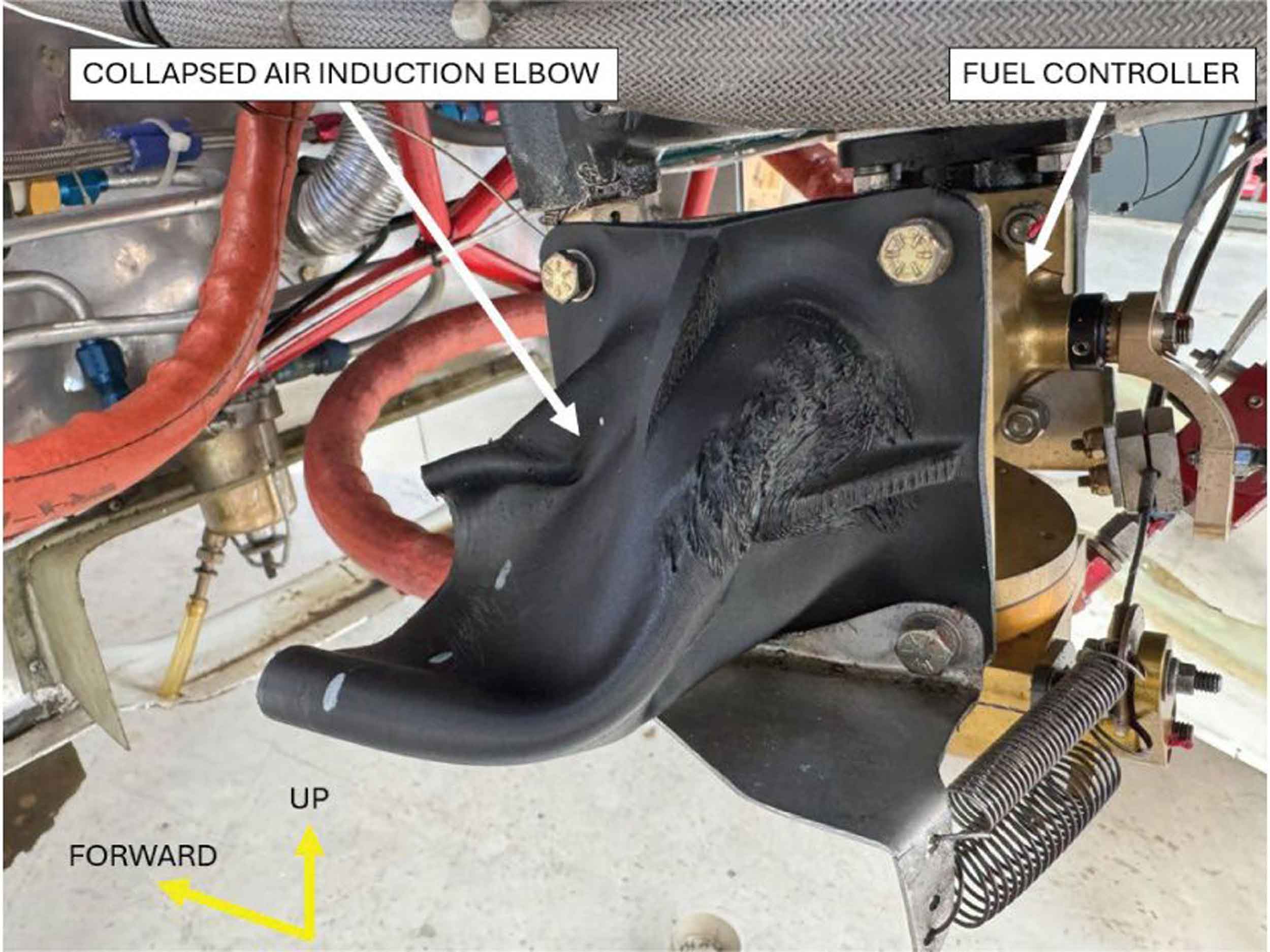The 3D printed elbow collapsed restricting airflow. Photo: AAIB