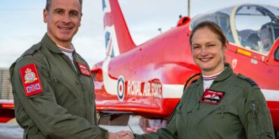 Wing Commander Adam Collins, left, with Wing Commander Sasha Nash, right, during the OC RAFAT handover. Photo: RAF