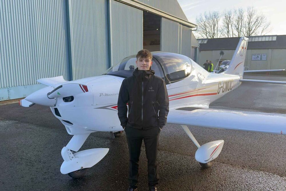 Existing PPL student Daniel Coppin just after flying solo for the first time in a Tecnam P-Mentor. Photo: ACS Aviation