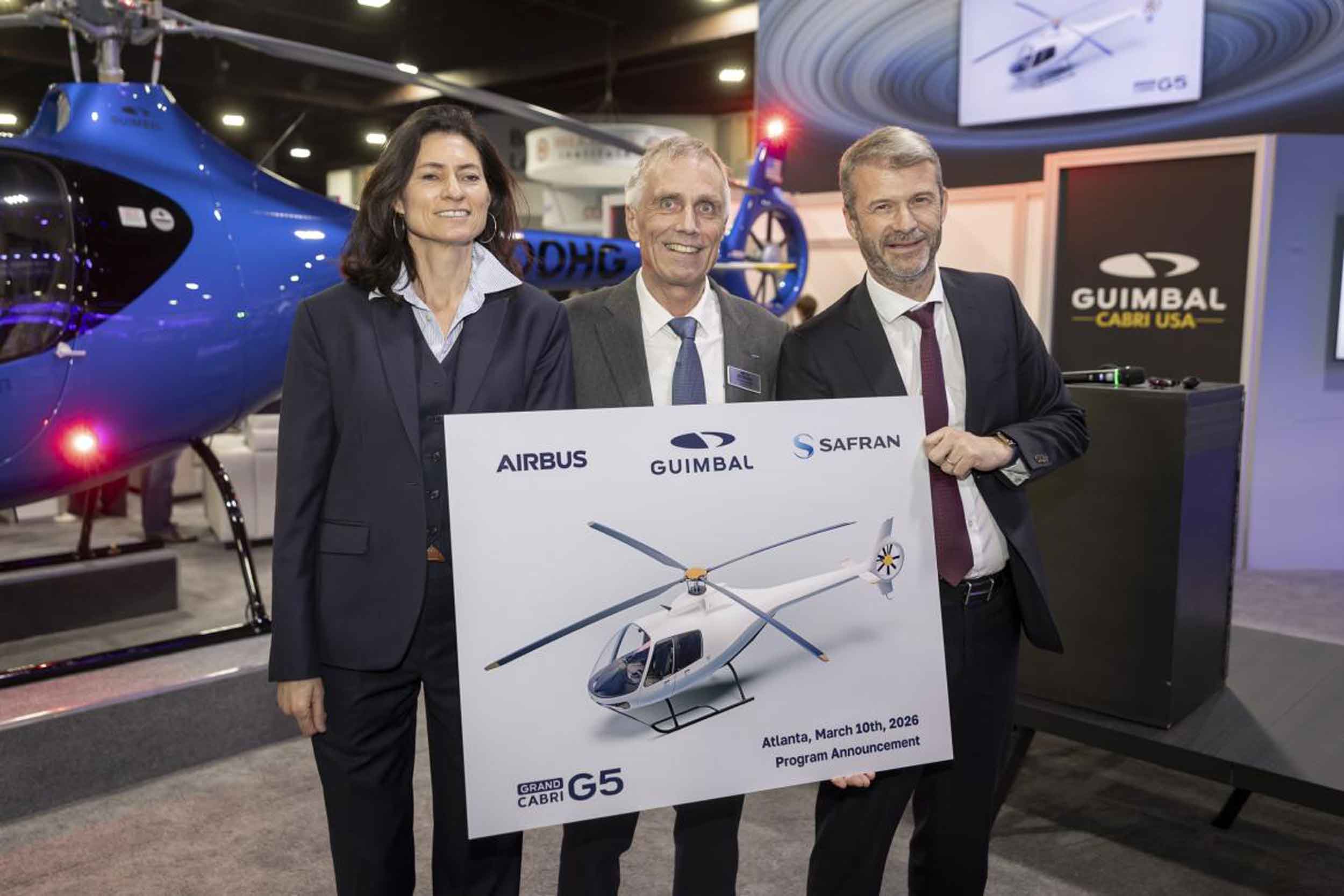 Mathilde Royer-Germain, Airbus Helicopters Head of Strategy & Sustainability, Bruno Guimbal, Hélicoptères Guimbal CEO and Cédric Goubet, Safran Helicopter Engines CEO, at the reveal of the Cabri G5. Photo: Safran